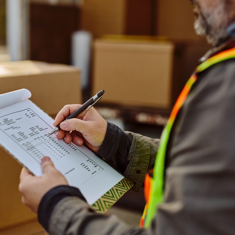 Close up of truck driver going through delivery list.